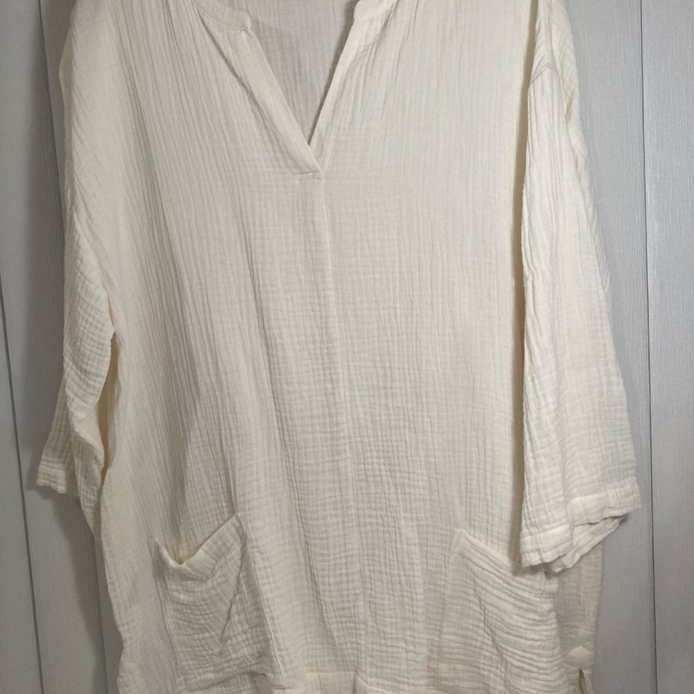 Soft Surroundings Gauze Tunic Top Ivory V Neck 3/4 Sleeve Pockets Size XL